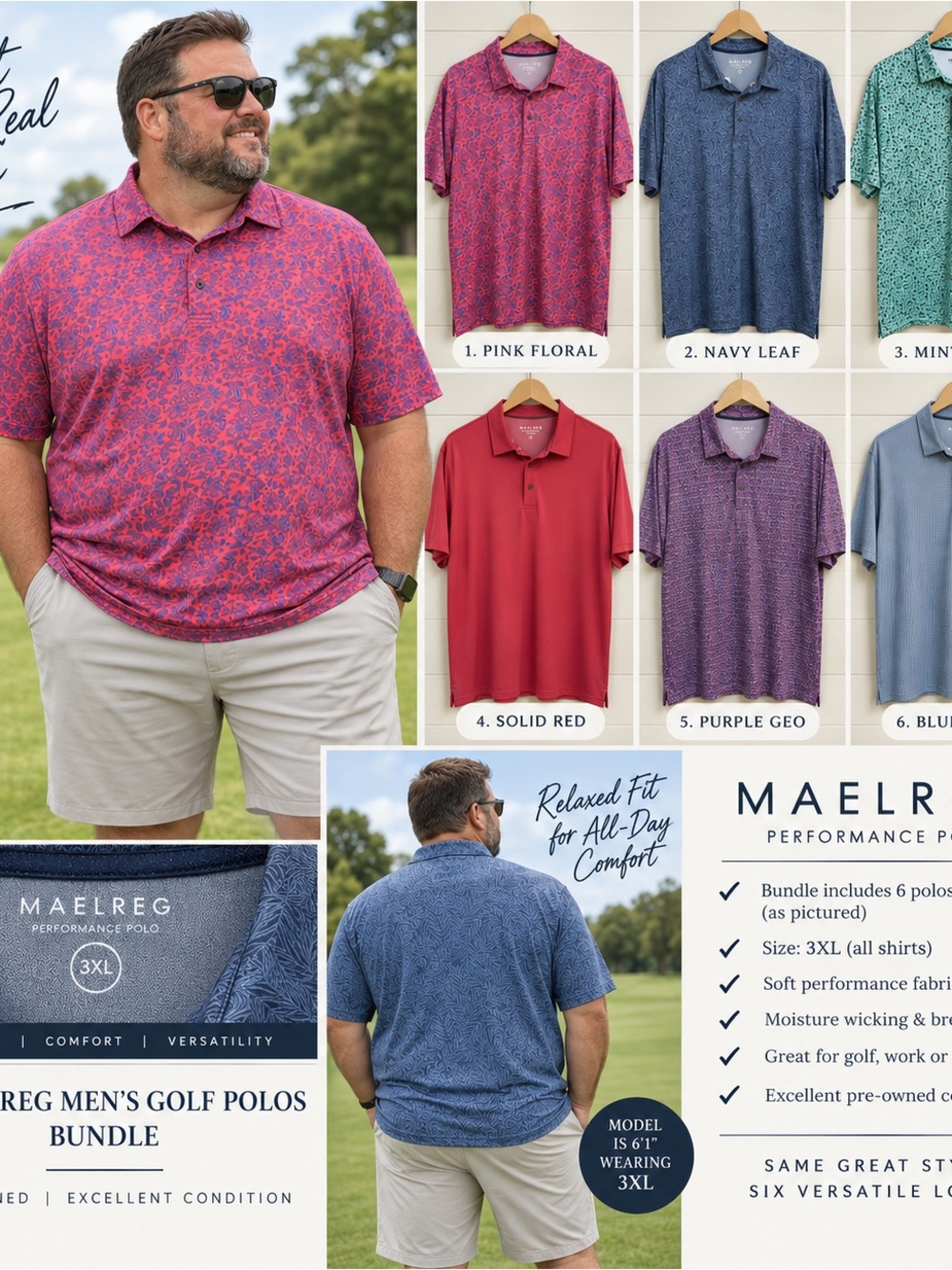 Maelreg Men’s Performance Polo Bundle - Pink Floral (6-Pack)